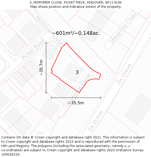 3, MORTIMER CLOSE, PICKET PIECE, ANDOVER, SP11 6UW: Plot and title map