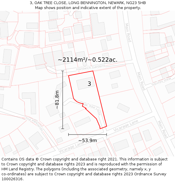 3, OAK TREE CLOSE, LONG BENNINGTON, NEWARK, NG23 5HB: Plot and title map
