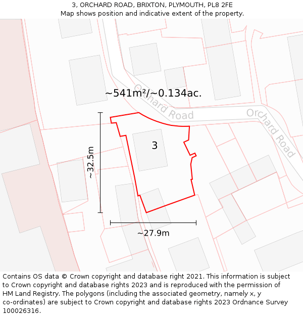 3, ORCHARD ROAD, BRIXTON, PLYMOUTH, PL8 2FE: Plot and title map
