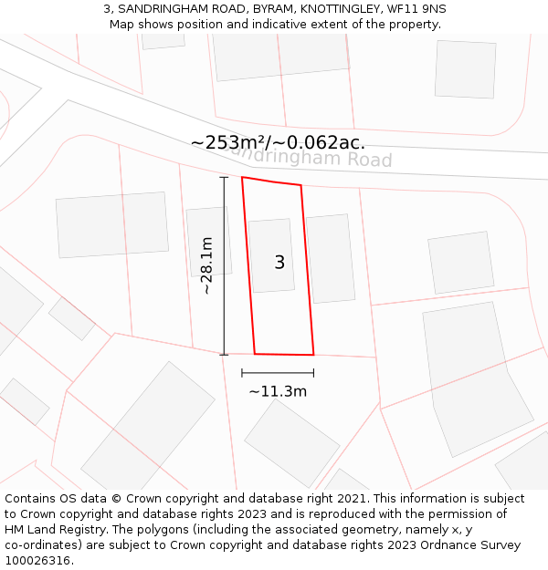 3, SANDRINGHAM ROAD, BYRAM, KNOTTINGLEY, WF11 9NS: Plot and title map