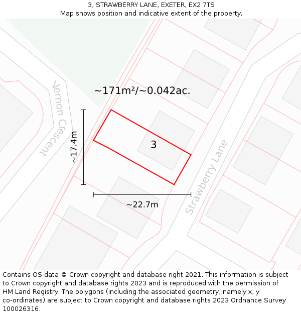3, STRAWBERRY LANE, EXETER, EX2 7TS: Plot and title map