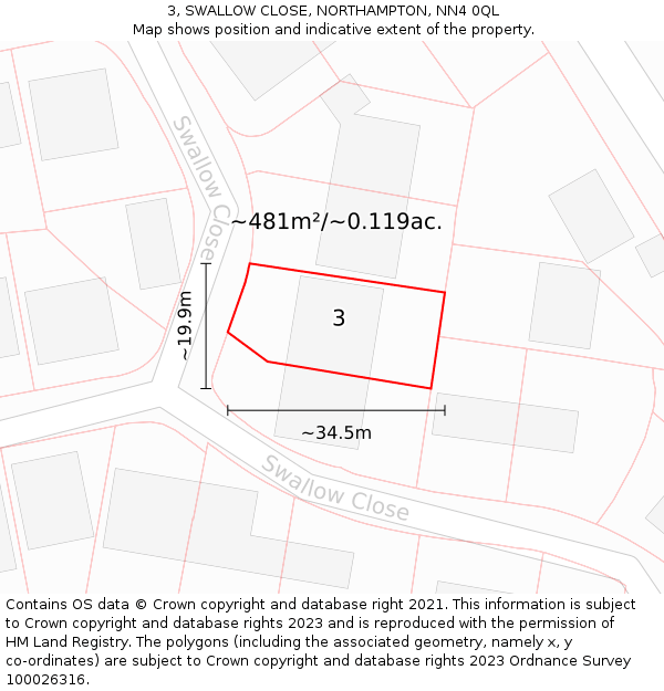 3, SWALLOW CLOSE, NORTHAMPTON, NN4 0QL: Plot and title map