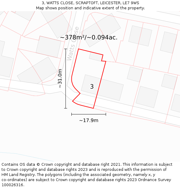 3, WATTS CLOSE, SCRAPTOFT, LEICESTER, LE7 9WS: Plot and title map