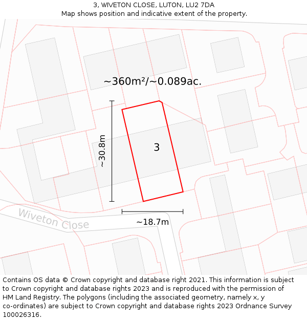 3, WIVETON CLOSE, LUTON, LU2 7DA: Plot and title map