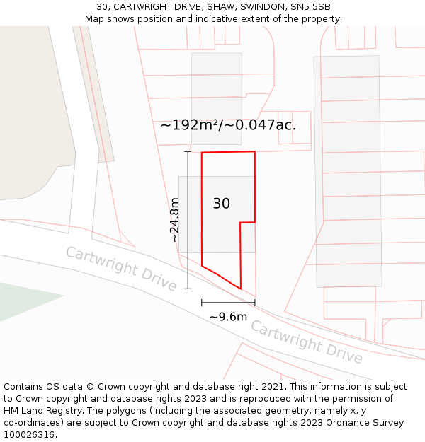 30, CARTWRIGHT DRIVE, SHAW, SWINDON, SN5 5SB: Plot and title map