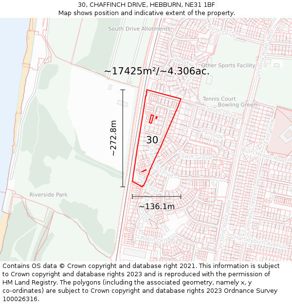 30, CHAFFINCH DRIVE, HEBBURN, NE31 1BF: Plot and title map