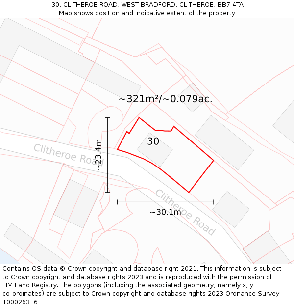 30, CLITHEROE ROAD, WEST BRADFORD, CLITHEROE, BB7 4TA: Plot and title map