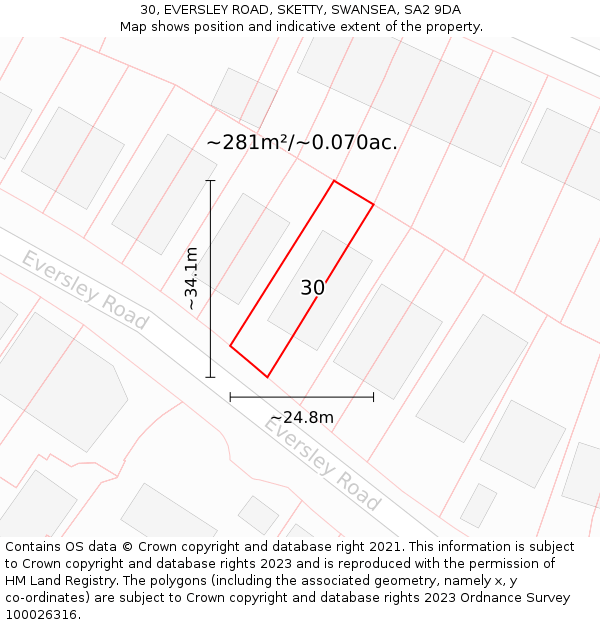 30, EVERSLEY ROAD, SKETTY, SWANSEA, SA2 9DA: Plot and title map