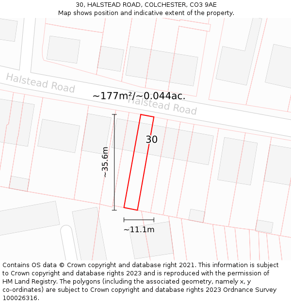 30, HALSTEAD ROAD, COLCHESTER, CO3 9AE: Plot and title map