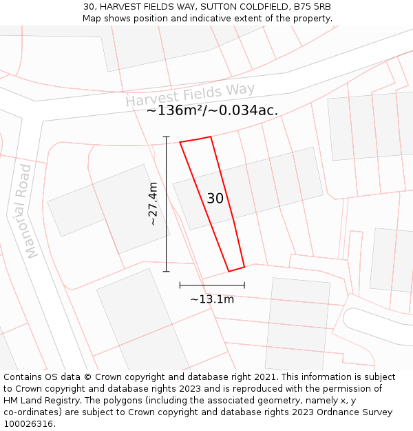 30, HARVEST FIELDS WAY, SUTTON COLDFIELD, B75 5RB: Plot and title map