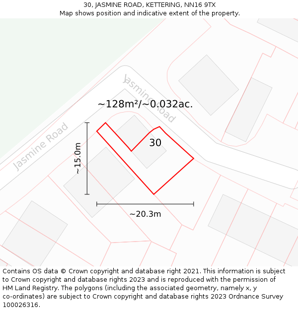 30, JASMINE ROAD, KETTERING, NN16 9TX: Plot and title map