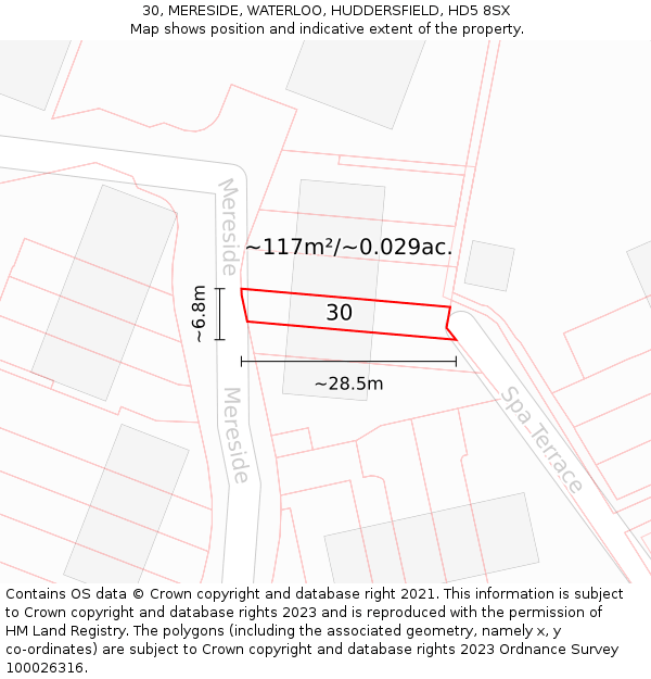 30, MERESIDE, WATERLOO, HUDDERSFIELD, HD5 8SX: Plot and title map