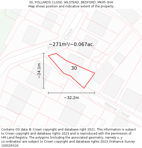 30, POLLARDS CLOSE, WILSTEAD, BEDFORD, MK45 3HA: Plot and title map