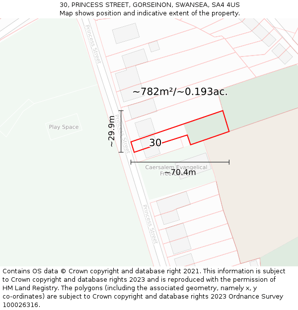 30, PRINCESS STREET, GORSEINON, SWANSEA, SA4 4US: Plot and title map