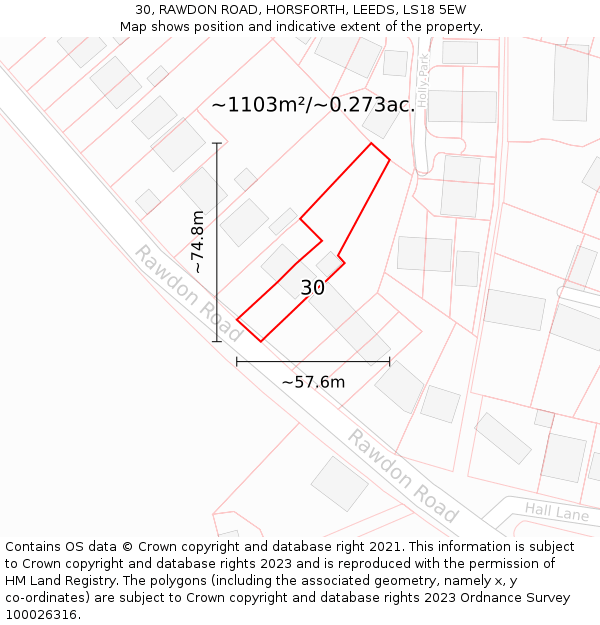 30, RAWDON ROAD, HORSFORTH, LEEDS, LS18 5EW: Plot and title map