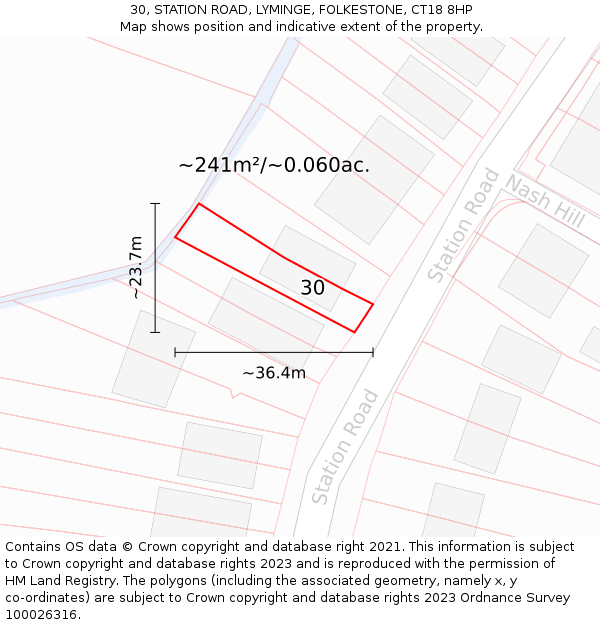 30, STATION ROAD, LYMINGE, FOLKESTONE, CT18 8HP: Plot and title map
