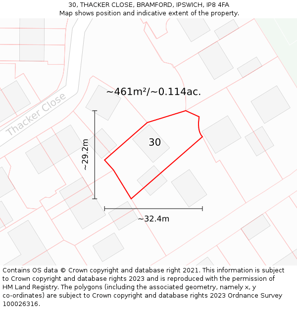 30, THACKER CLOSE, BRAMFORD, IPSWICH, IP8 4FA: Plot and title map