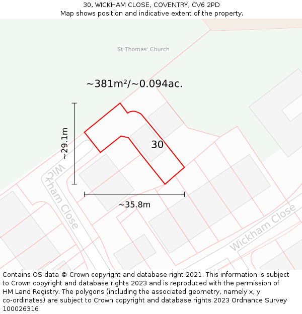 30, WICKHAM CLOSE, COVENTRY, CV6 2PD: Plot and title map