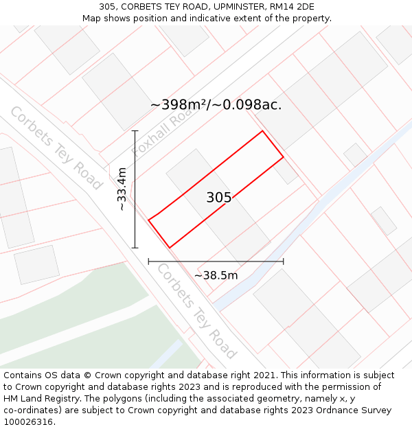 305, CORBETS TEY ROAD, UPMINSTER, RM14 2DE: Plot and title map