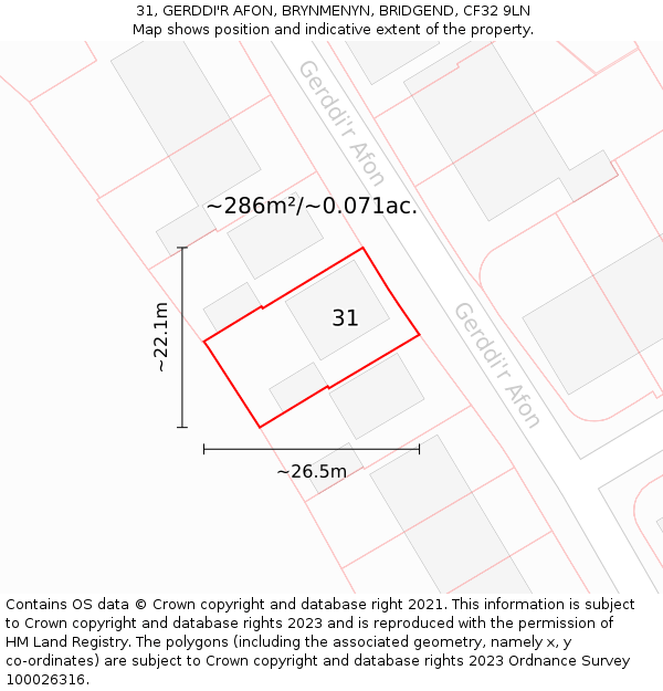 31, GERDDI'R AFON, BRYNMENYN, BRIDGEND, CF32 9LN: Plot and title map