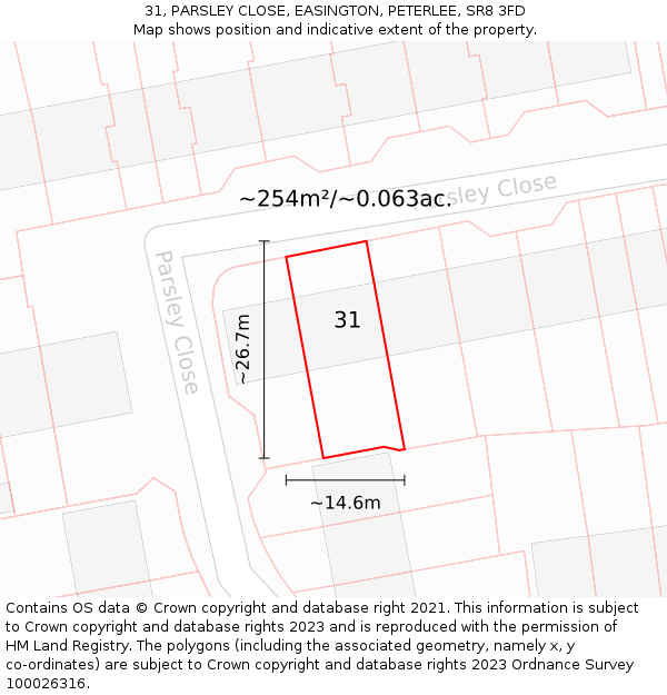 31, PARSLEY CLOSE, EASINGTON, PETERLEE, SR8 3FD: Plot and title map