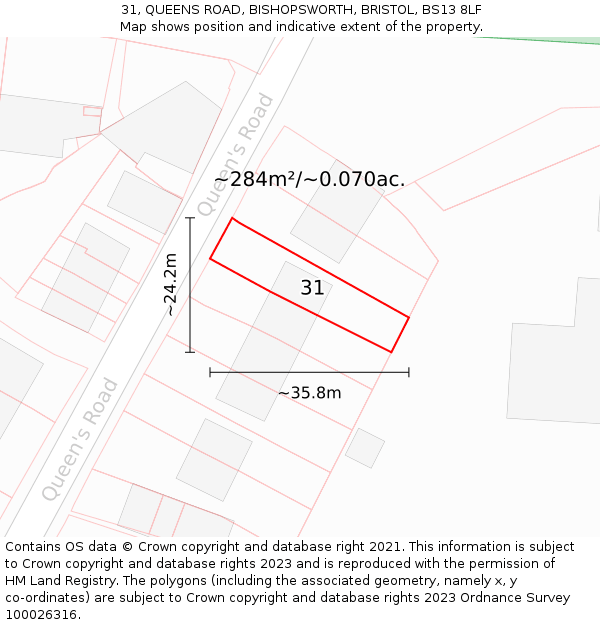 31, QUEENS ROAD, BISHOPSWORTH, BRISTOL, BS13 8LF: Plot and title map