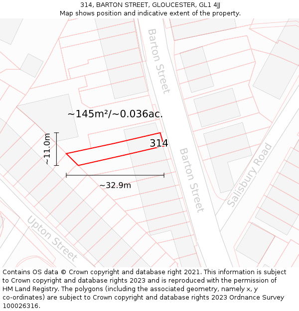 314, BARTON STREET, GLOUCESTER, GL1 4JJ: Plot and title map