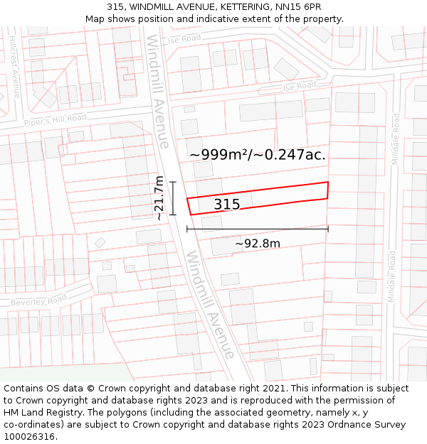 315, WINDMILL AVENUE, KETTERING, NN15 6PR: Plot and title map
