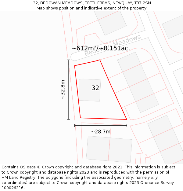 32, BEDOWAN MEADOWS, TRETHERRAS, NEWQUAY, TR7 2SN: Plot and title map