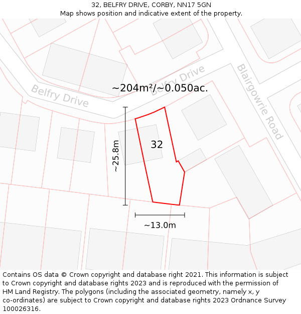 32, BELFRY DRIVE, CORBY, NN17 5GN: Plot and title map