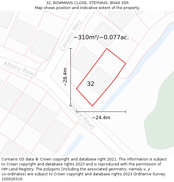 32, BOWMANS CLOSE, STEYNING, BN44 3SR: Plot and title map