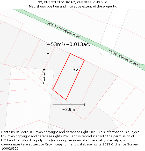 32, CHRISTLETON ROAD, CHESTER, CH3 5UG: Plot and title map