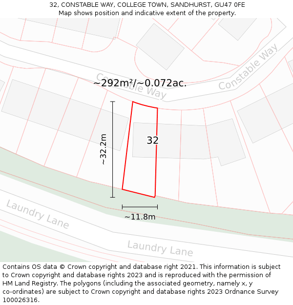 32, CONSTABLE WAY, COLLEGE TOWN, SANDHURST, GU47 0FE: Plot and title map