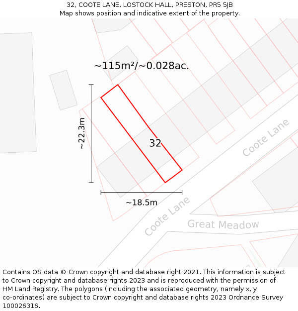 32, COOTE LANE, LOSTOCK HALL, PRESTON, PR5 5JB: Plot and title map