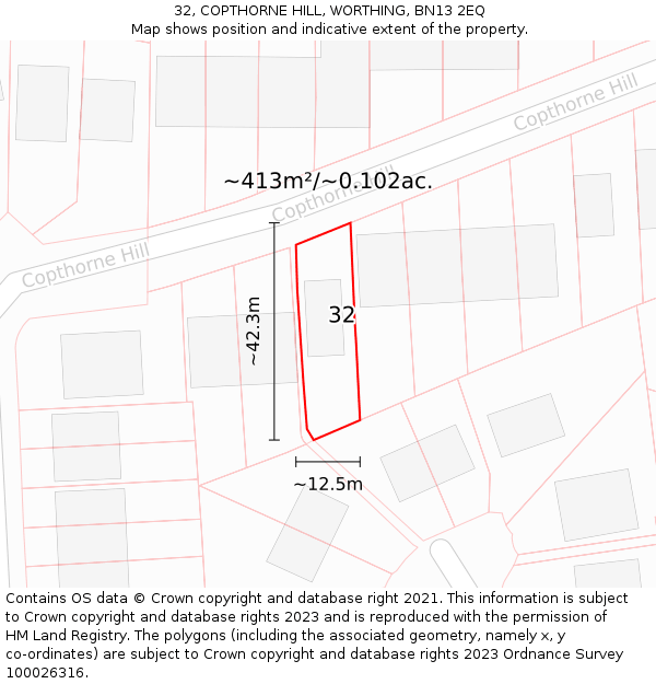 32, COPTHORNE HILL, WORTHING, BN13 2EQ: Plot and title map