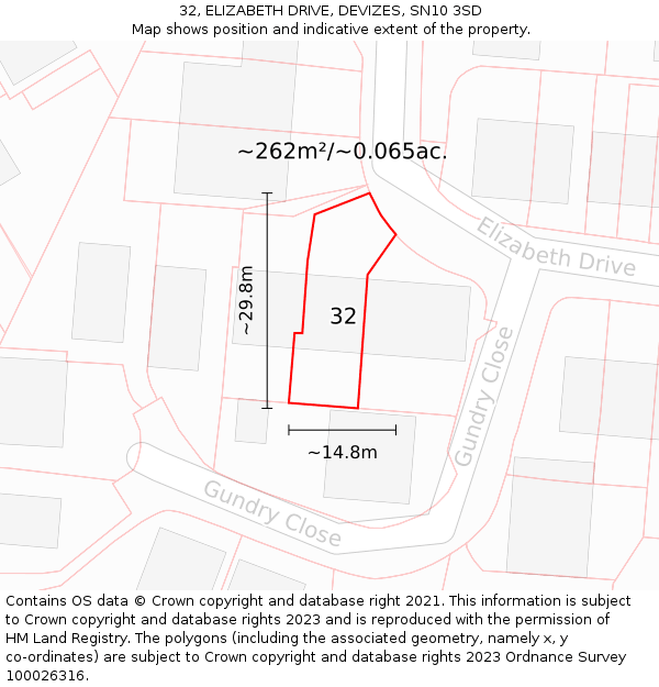 32, ELIZABETH DRIVE, DEVIZES, SN10 3SD: Plot and title map