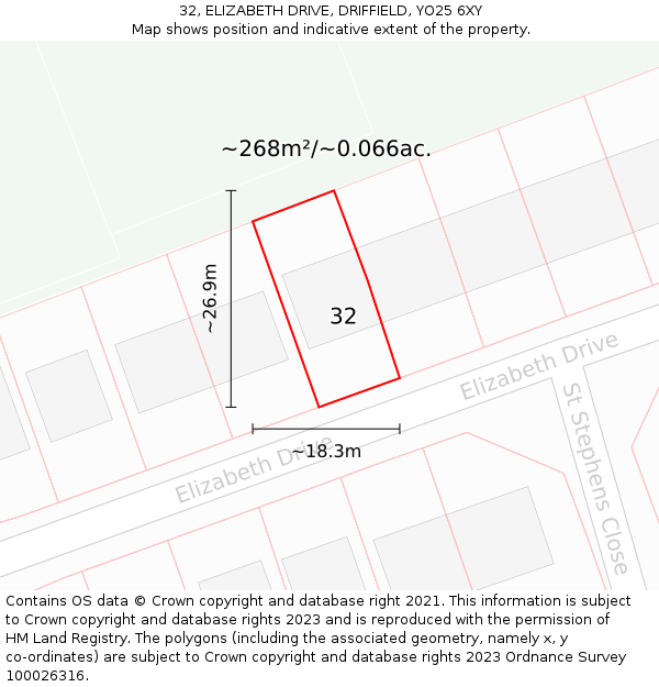 32, ELIZABETH DRIVE, DRIFFIELD, YO25 6XY: Plot and title map