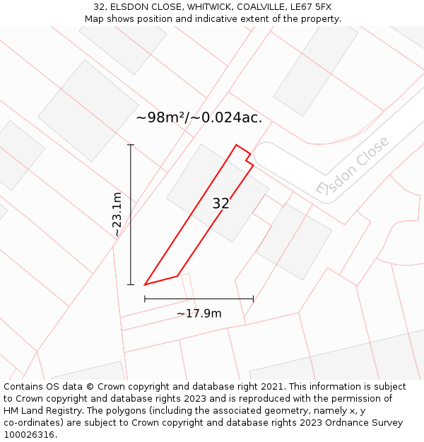 32, ELSDON CLOSE, WHITWICK, COALVILLE, LE67 5FX: Plot and title map