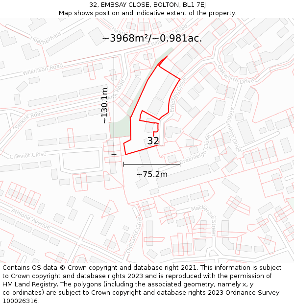 32, EMBSAY CLOSE, BOLTON, BL1 7EJ: Plot and title map