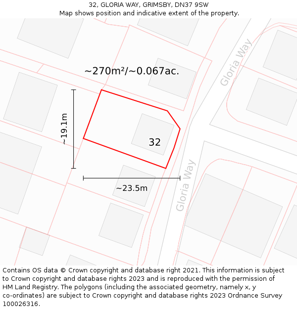 32, GLORIA WAY, GRIMSBY, DN37 9SW: Plot and title map