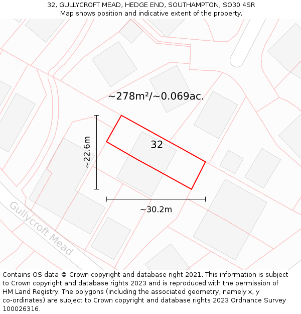 32, GULLYCROFT MEAD, HEDGE END, SOUTHAMPTON, SO30 4SR: Plot and title map