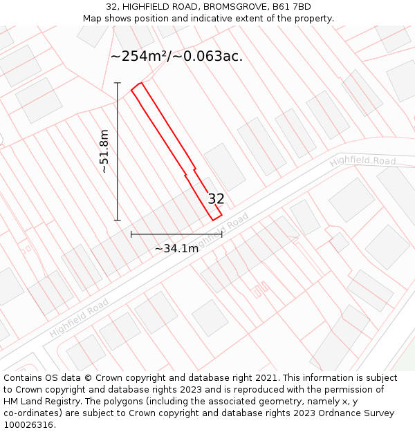 32, HIGHFIELD ROAD, BROMSGROVE, B61 7BD: Plot and title map
