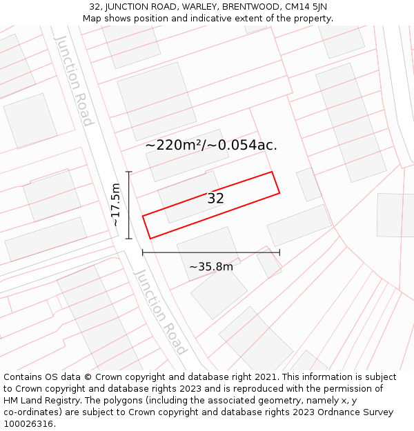 32, JUNCTION ROAD, WARLEY, BRENTWOOD, CM14 5JN: Plot and title map