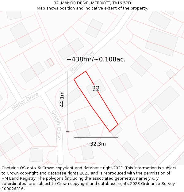 32, MANOR DRIVE, MERRIOTT, TA16 5PB: Plot and title map