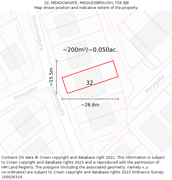 32, MEADOWGATE, MIDDLESBROUGH, TS6 9JB: Plot and title map