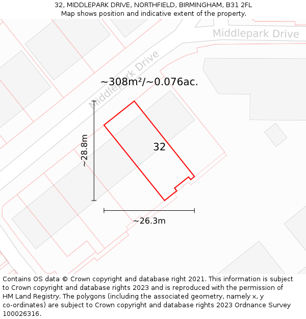 32, MIDDLEPARK DRIVE, NORTHFIELD, BIRMINGHAM, B31 2FL: Plot and title map