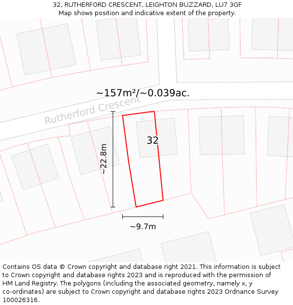 32, RUTHERFORD CRESCENT, LEIGHTON BUZZARD, LU7 3GF: Plot and title map