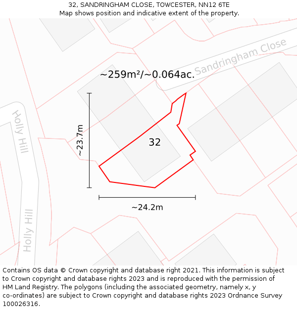 32, SANDRINGHAM CLOSE, TOWCESTER, NN12 6TE: Plot and title map