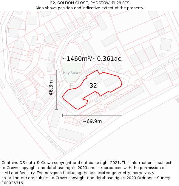 32, SOLDON CLOSE, PADSTOW, PL28 8FS: Plot and title map