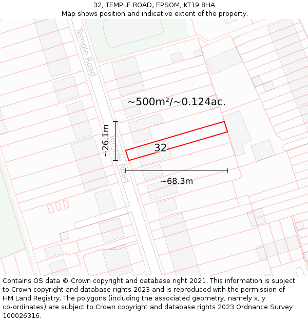 32, TEMPLE ROAD, EPSOM, KT19 8HA: Plot and title map